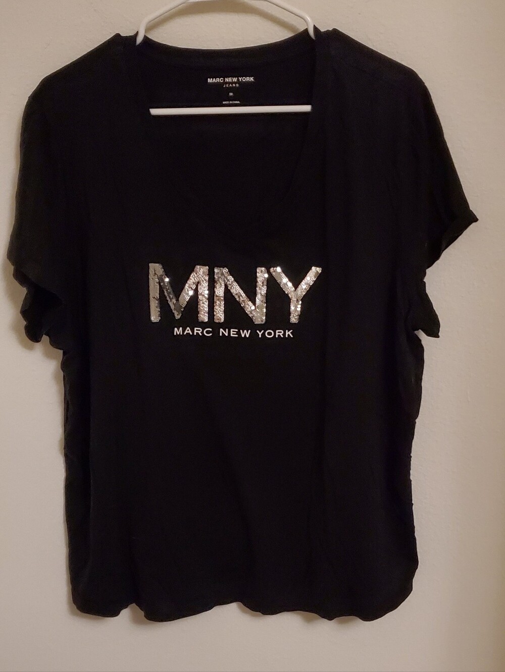Marc New York Black V-Neck Tee with Silver Sequin MNY Logo Y2K Style Bling 3X